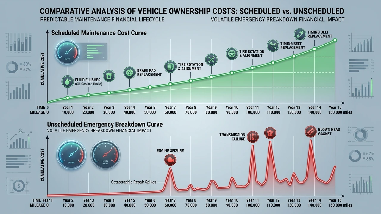 Comparative infographic curve contrasting steady scheduled maintenance costs against emergency breakdown spikes