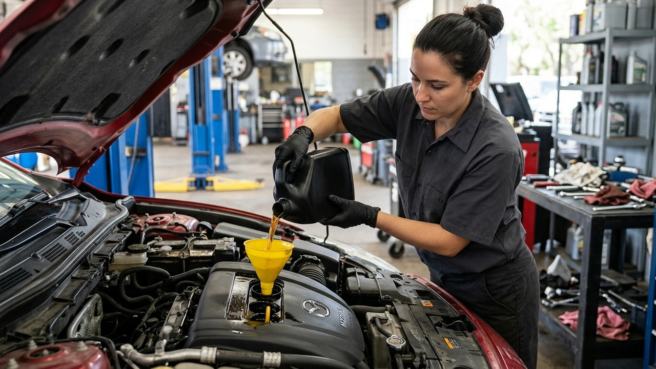 Automotive mechanic pouring fresh golden synthetic motor oil into engine oil filler cap in clean auto shop