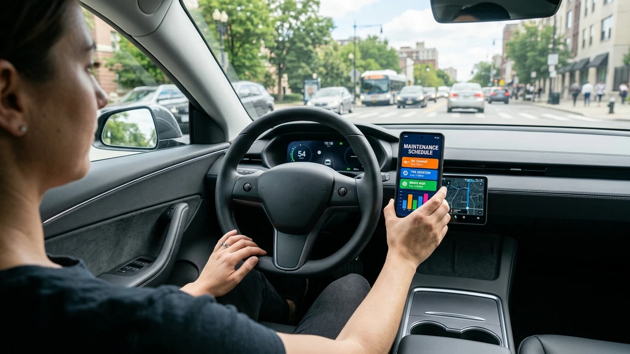 Driver inside modern vehicle cockpit checking digital scheduled car maintenance reminder alerts on dashboard phone