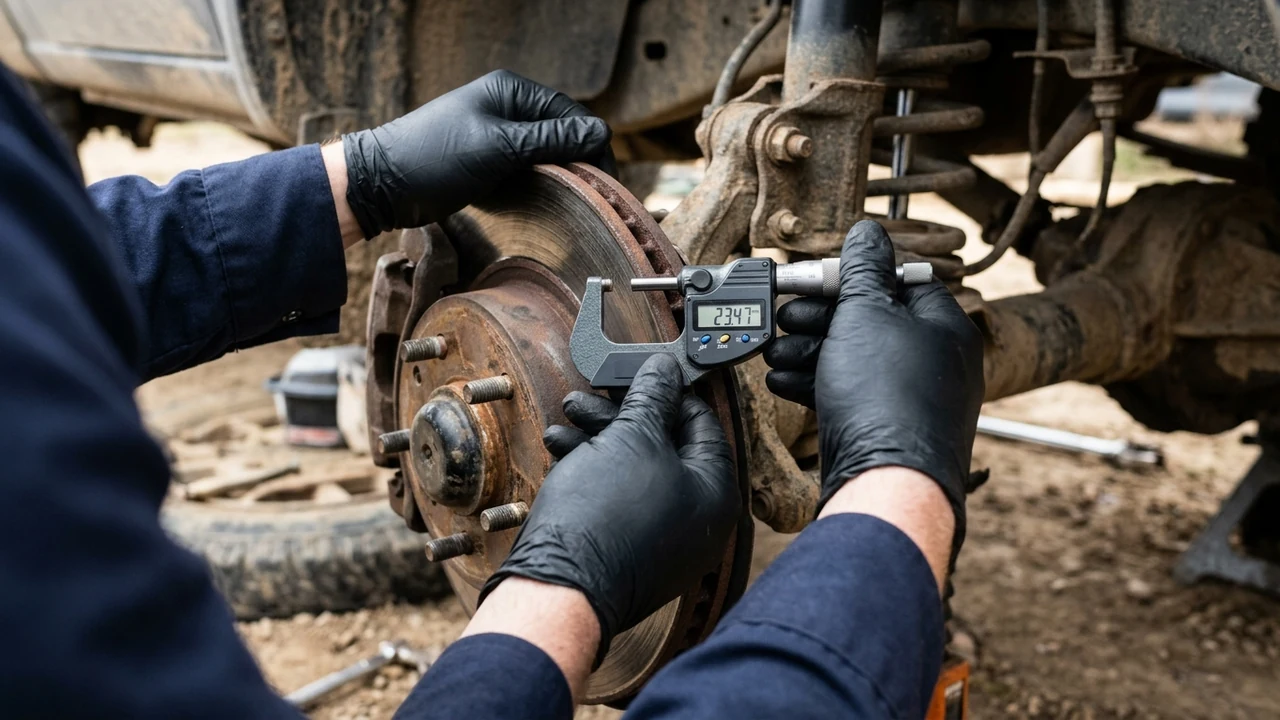 Figure 2: Auto mechanic measuring brake rotor thickness with a digital vernier micrometer on wheel hub