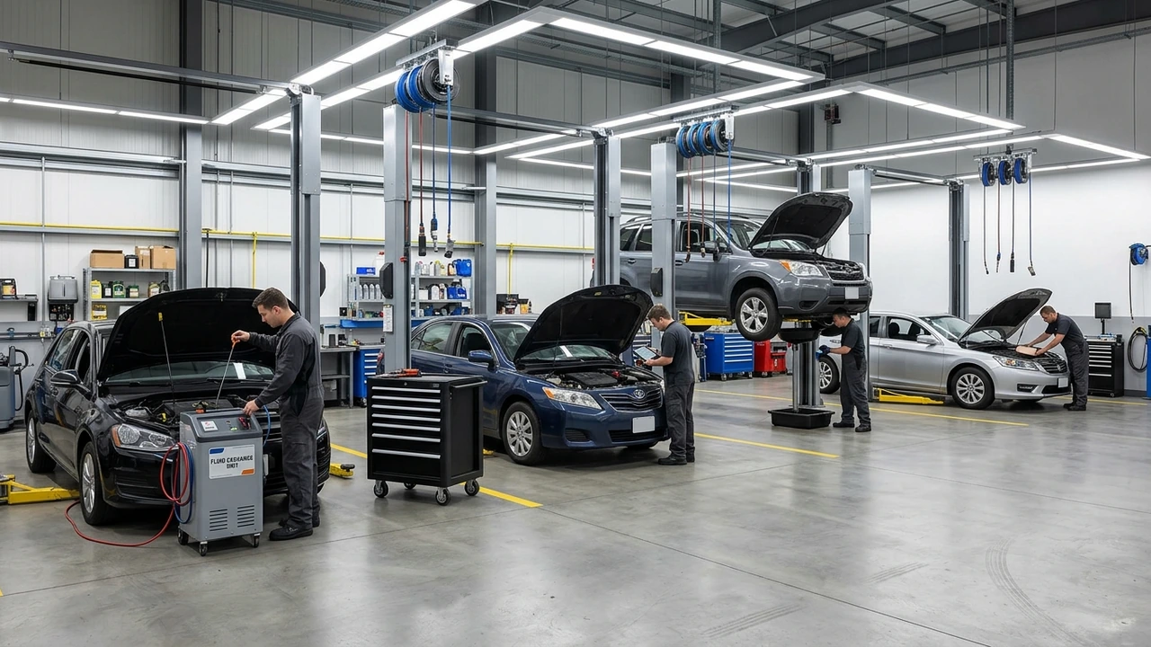 Modern clean 4-bay automotive preventive service center with vehicles on hydraulic two-post lifts