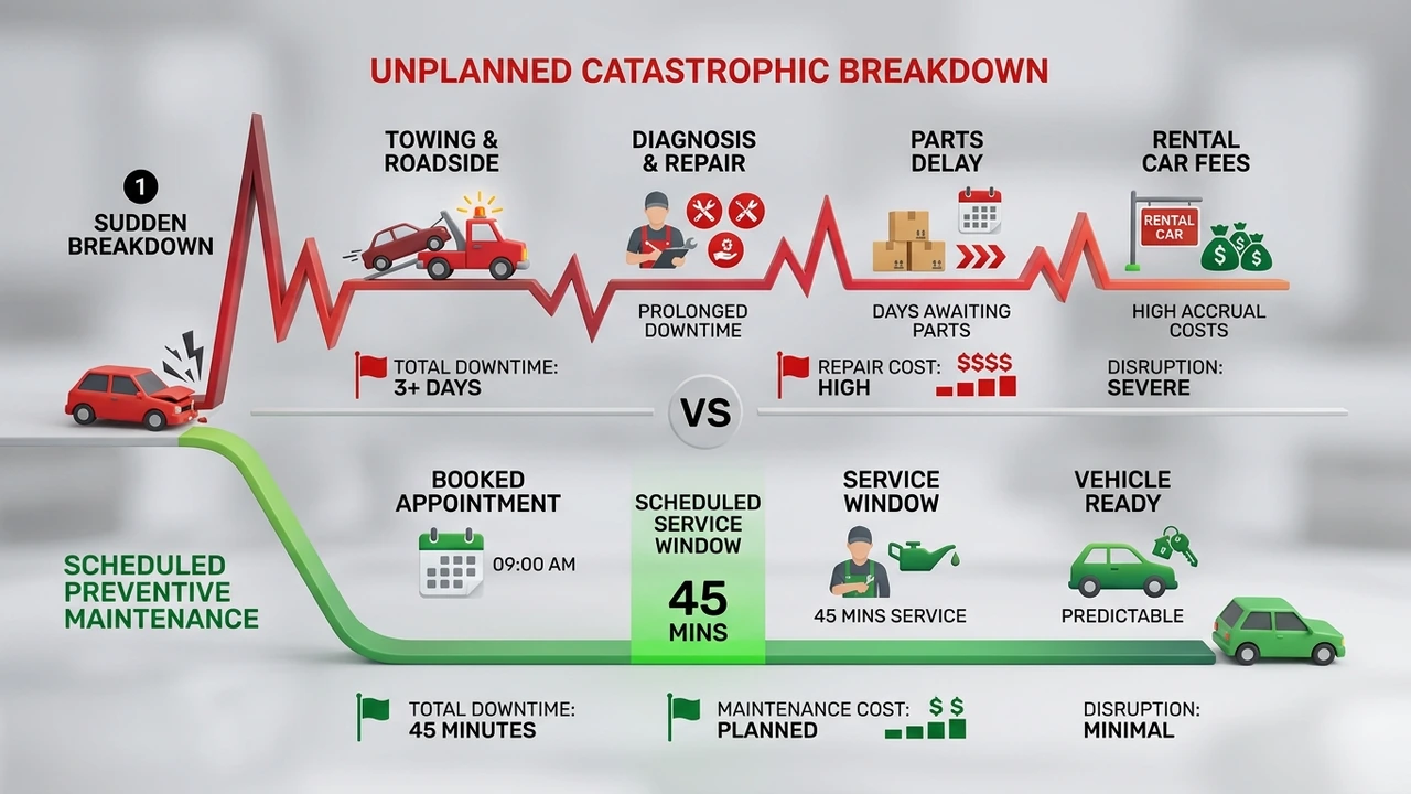 Figure 1: 3D isometric comparative infographic contrasting proactive maintenance schedules with unexpected downtime costs