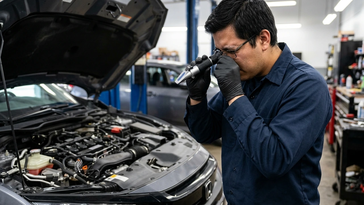 Figure 2: Mechanic checking engine coolant freeze point and pH balance using an optical handheld refractometer