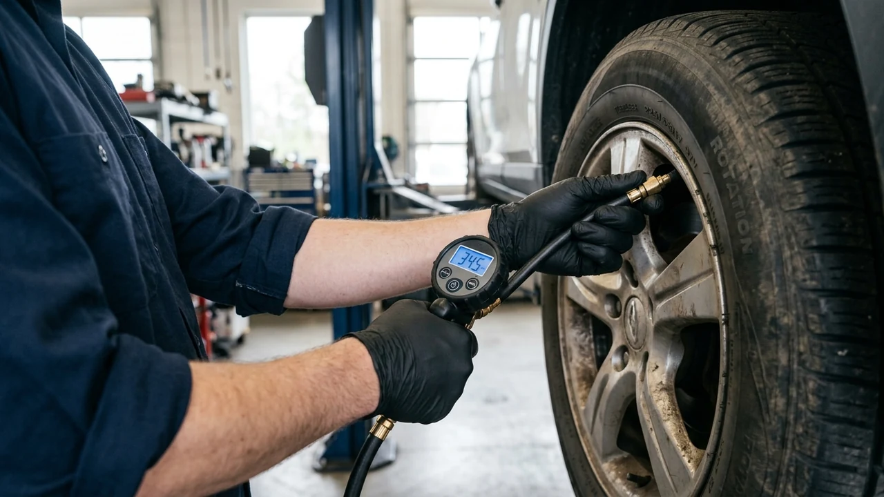 Figure 2: Automotive technician in nitrile gloves measuring tire inflation pressure with digital gauge in workshop
