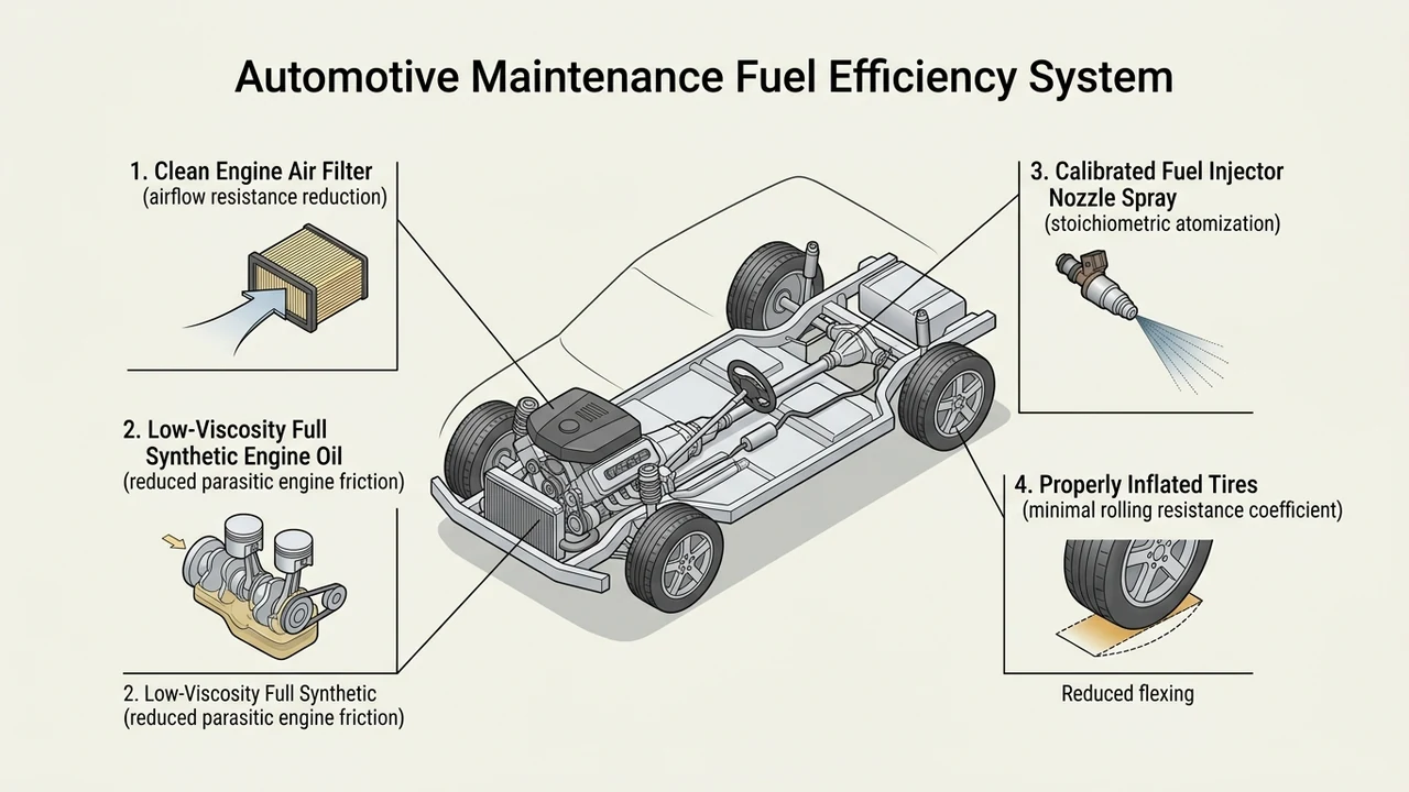 Figure 1: 3D isometric diagram of vehicle maintenance ecosystem detailing air filters, synthetic oil, fuel injectors, and tire pressure