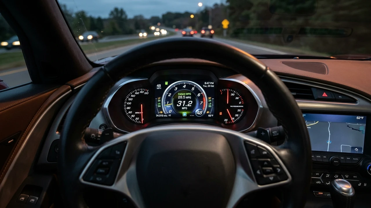 Illuminated automotive digital dashboard cluster displaying real-time miles per gallon fuel economy metrics