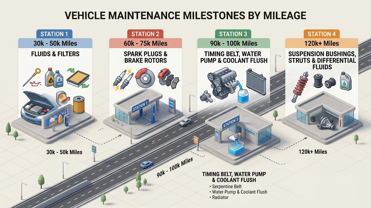 Figure 1: 3D isometric timeline roadmap diagram illustrating vehicle maintenance milestones by mileage