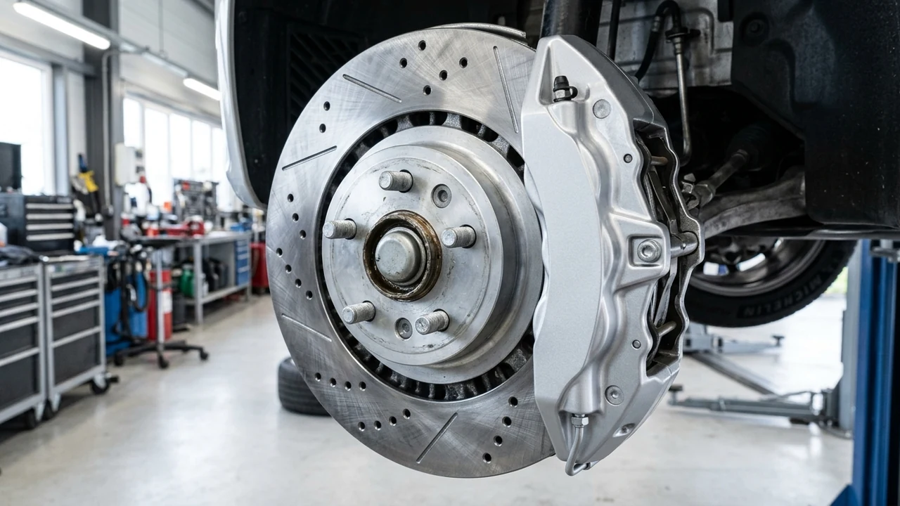 Macro view of cross-drilled ventilated disc brake rotor and silver unbranded caliper on wheel hub
