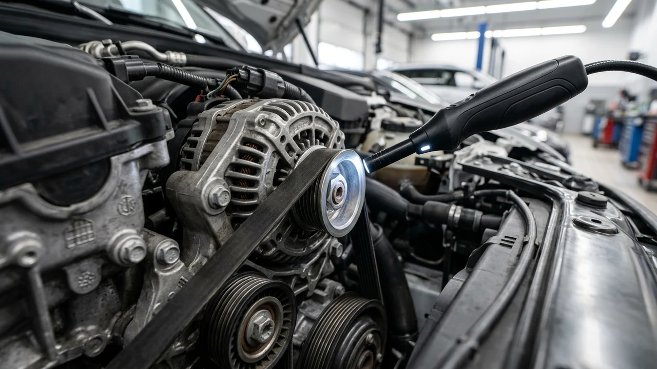 Macro photograph in a modern auto workshop showing an unbranded digital inspection camera inspecting an engine serpentine belt drive pulley
