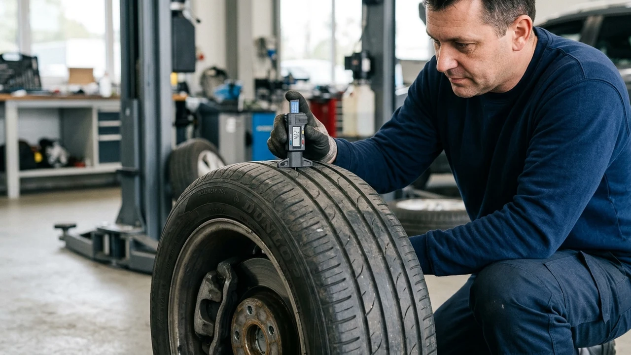 Automotive service technician using a digital tread depth gauge to inspect tire wear patterns on a vehicle in an auto repair workshop