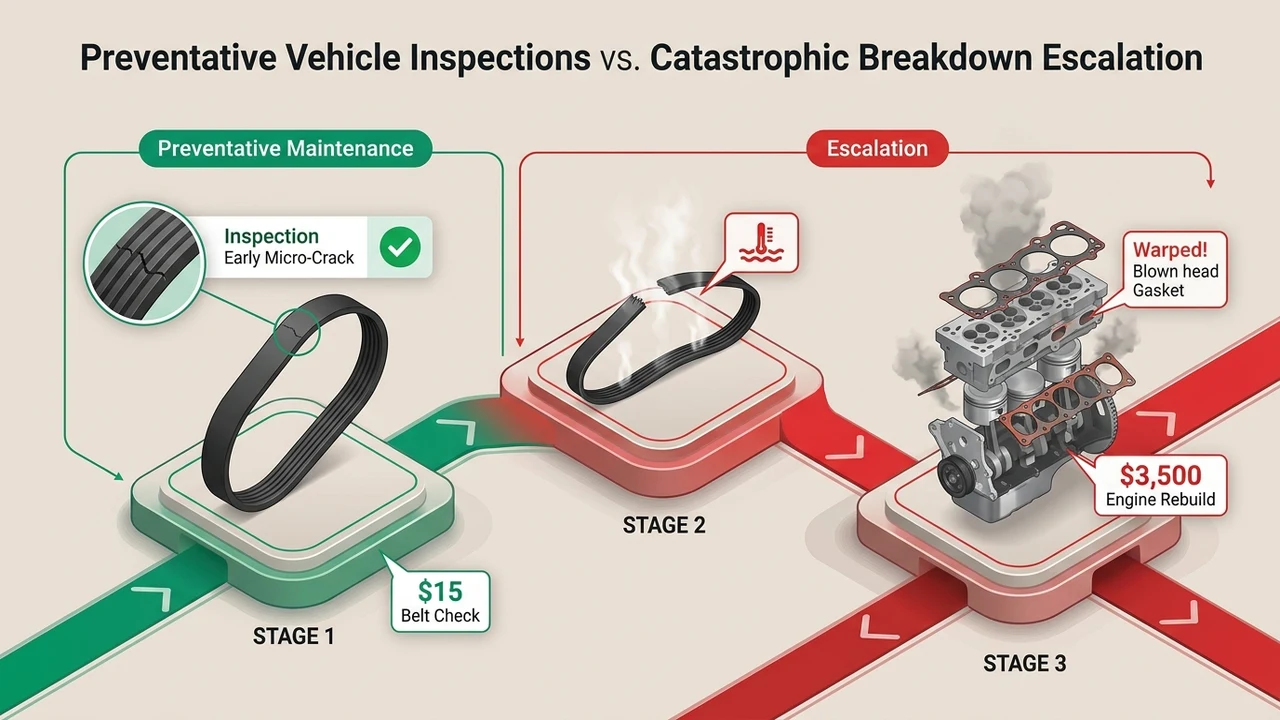 3D technical lifecycle diagram comparing minor preventative inspection repairs against catastrophic cascading engine breakdown costs
