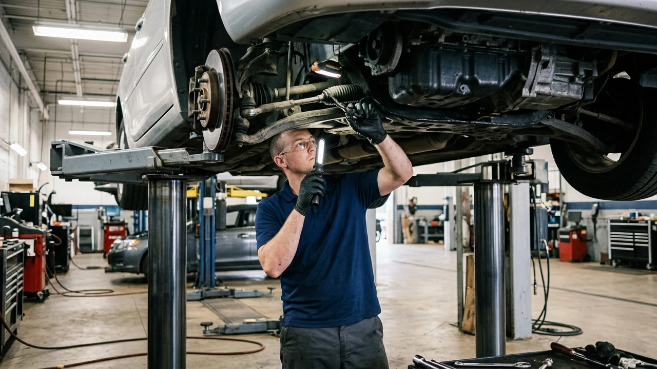 Automotive service technician inspecting steering tie rod ends and ball joints on a vehicle raised on a hydraulic lift in a service workshop