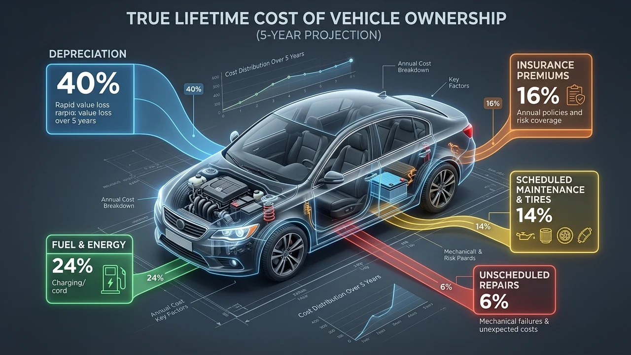 3D cutaway infographic diagram visualizing the true lifetime cost of vehicle ownership across depreciation, fuel, routine maintenance, insurance, and unexpected repairs