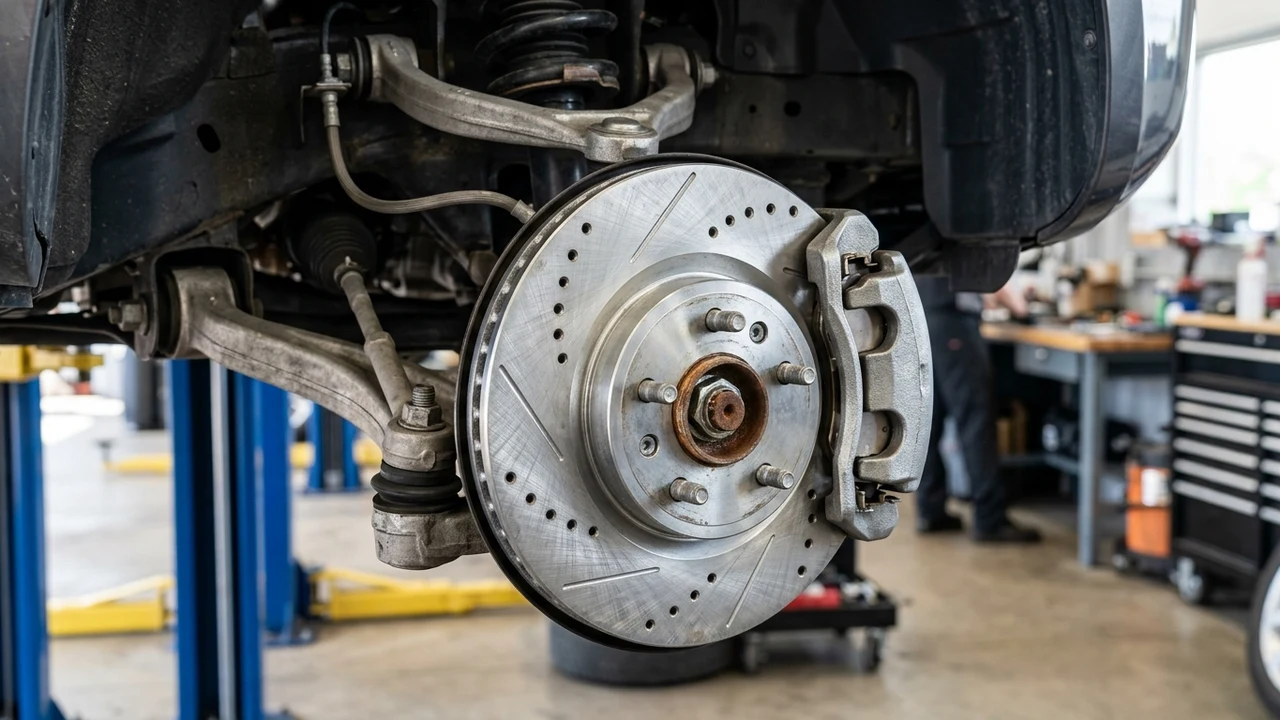 Macro photograph of a vehicle front brake assembly with wheel removed showing clean slotted disc rotor, brake caliper, and suspension components
